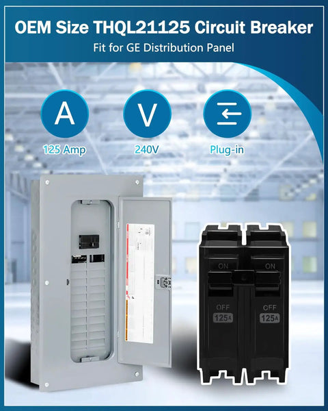 Rock Solid Double Pole 125 Amp Circuit Breaker Designed For Heavy Duty Residential Commercial And Industrial Electrical Panels With Battle Tested Overload Shielding And Quick Short Circuit Cutoff To Keep Your Rig Locked Down Safely On Demand, OEM size THQL21125 for GE panels.