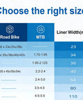 Size chart for Two Pack Bike Tire Liners With 1.3mm TPU Puncture Protection, Adhesive Surface Inner Tube Protector, 40mm liner.