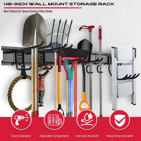 Heavy Duty Garage Wall Organizer With Adjustable Hooks Wall Mount Tool Rack For Garden Gear, featuring tools on 48-inch storage rack.