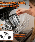 Woman loading All In One BBQ Basting Brush And Sauce Cup Set For Grilling into dishwasher, silver cup, detachable brush head