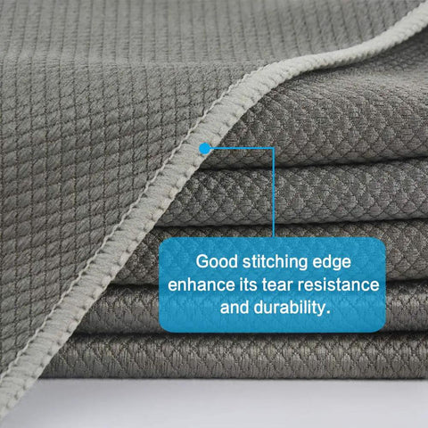 Folded grey fish scale microfiber cleaning cloths, 16x16 inch, focus on stitching with text 'good stitching edge' overlay.