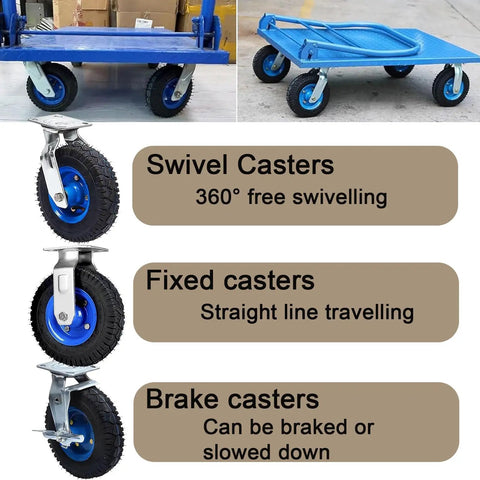 Heavy Duty Swivel Caster Wheels With Inflatable Rubber Tires Smooth Rolling Industrial Cart Casters Built Badass For Heavy Lifting 10 Inch Pneumatic Wheels And Swivel Brake 2 Pack images showcasing swivel, fixed, and brake casters.