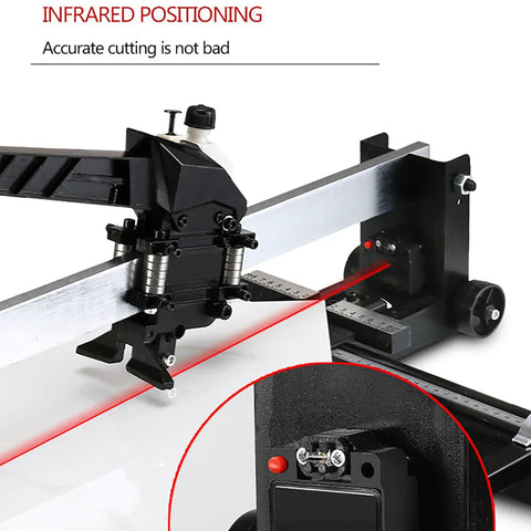 Manual Tile Cutter With Sliding Head, 1200mm Max Cut, infrared positioning, detail view of adjustable guide, porcelain ceramic tiles