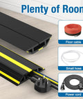 Heavy Duty PVC Cord Cover Protector 10 ft Floor Cable Duct with yellow stripes showing interior for cables and cords