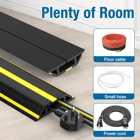 Heavy Duty PVC Cord Cover Protector 10 ft Floor Cable Duct with yellow stripes showing interior for cables and cords