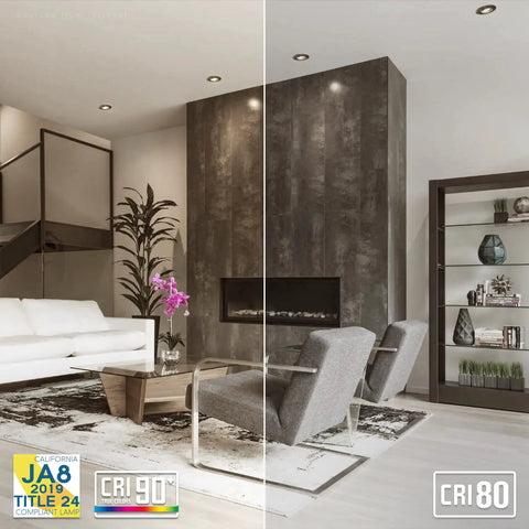 Comparison of room lighting with E Star Series 3 Inch Gimbal LED Recessed Light With Junction Box No Brainer Install 7W 50W, CRI 90 vs CRI 80.