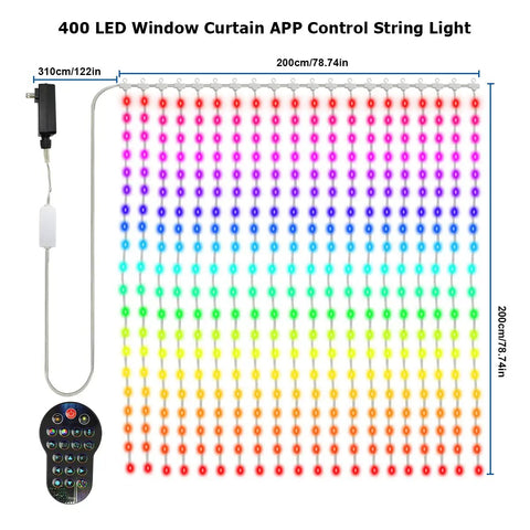 Pattern of 400 LED bulbs on Programmable Colorful Smart LED Window Curtain Lights With APP Control IP65 Waterproof 400 RGB LEDs DIY Text And Pattern Fairy Lights For Proposals And Weddings Backdrops Parties Christmas Home Decor Vibe Ready with remote.