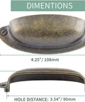 Hella Sleek Vintage Cabinet Cup Pulls Six Pack With 3.5 Inch Hole Centers Antique Bronze Zinc Alloy, dimensions shown.