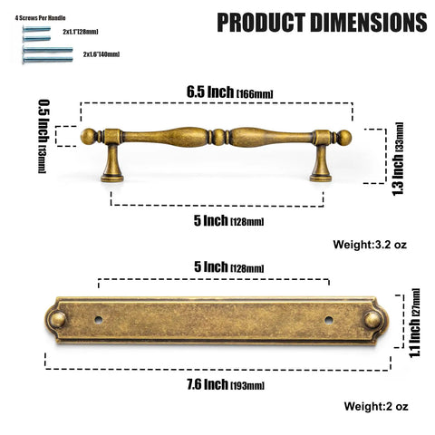 Gotta Have These Antique Brass Cabinet Pulls 2 PackFeaturing Classic Turned Spindle Shape and Chunky Decorative Backplate Solidly 5 Inch Hole Center dimensions and specifications.
