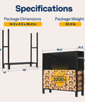 Heavy Duty Four Foot Firewood Rack Workhorse With Cover Set, One Quarter Cord Capacity, Thick Steel Tubes, Dimensions Display
