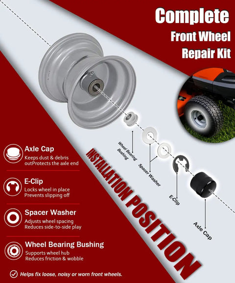 Diagram of Built Tough Riding Mower Front Wheel Bearing Bushing And Axle Cap Rebuild Kit 16 Piece Hardware Set including parts.