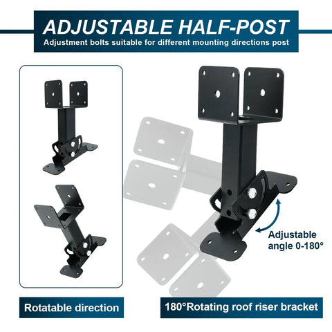 Adjustable heavy-duty patio roof riser bracket for 4x4 and 4x6 lumber, rotatable, with 0-180 degree angle adjustment for pergolas and patios.