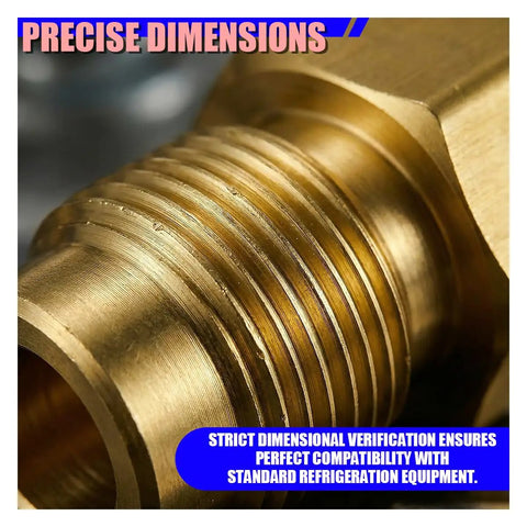 Close-up of Built Tough 8Pcs R134a Solid Brass Refrigerant Tank Adapter showcasing precise threaded dimensions for HVAC systems.