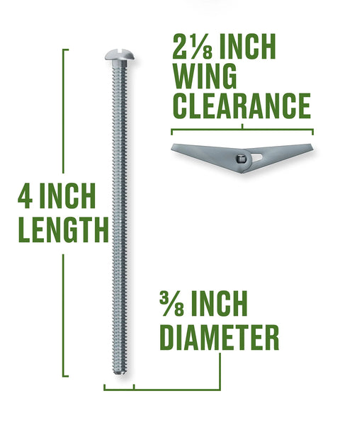 Round Head Machine Screw Toggle Bolts Three Eighths Inch By Four Inch, 25 Pack For Drywall Plaster Tile And Hollow Block, Spring Action Wings For Firm Backing And Even Load Distribution showing length, diameter and wing clearance