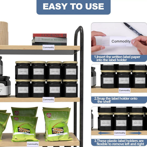 Clutch Wire Shelf Label Holders With Thirty Plastic Clip In Sleeves For Pain Free Pantry Organization and Zero Mess Retail Vibe on shelving with jars and bags.