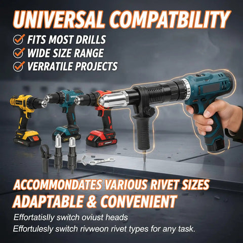 Heavy Duty Electric Rivet Gun Adapter Kit With Removable Handle And Four Rivet Heads for versatile drill compatibility and various projects.