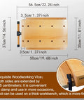 Top view of Portable Workbench With Sturdy Beech Vise Includes Wood Clamp Four Bench Dogs And Two Clips Extendable Sides For Solid Garage Studio Setup Ideal Woodworking Table Vice Tools For No Fuss Quick And Easy Projects, showing dimensions.
