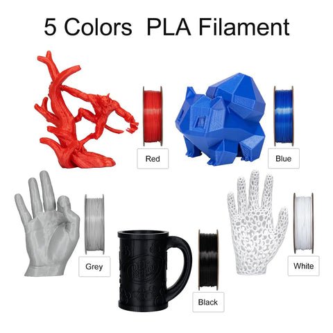 5 colors of PLA filament including red, blue, grey, black, and white with printed models and spools.