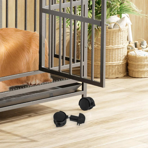 360 Degree Black Caster Wheels For Pet Cages Silent Rotating Casters With Locking Feature placed on hardwood floor next to metal pet cage