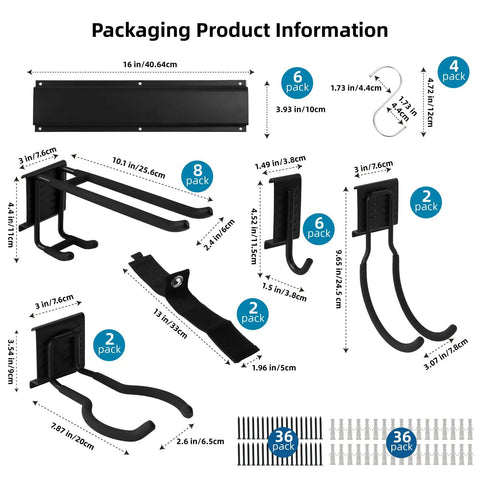 96 Inch Heavy Duty Wall Mounted Tool Organizer With Assorted Hooks And Slot Boards For Garage Storage Rack parts and dimensions diagram.