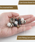 Top Shelf Three In One Cam Lock Fittings Set in a hand, includes cam lock nuts and dowel screws, ideal for cabinet assembly.