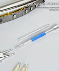 Heavy Duty Adjustable T Handle Hex Wrench Ratchet Socket Kit with shiny chrome finish and rock solid blue grip on a workbench.
