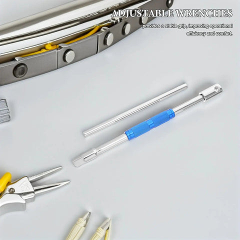 Heavy Duty Adjustable T Handle Hex Wrench Ratchet Socket Kit with shiny chrome finish and rock solid blue grip on a workbench.