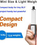 Hand holding Tiny 12V 1.2 Inch Stroke Electric Linear Actuator with 60N Load, highlighting compact size and lightweight aluminum housing.
