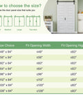 Image showing size options and fitting guidelines for the Ninety Six Inch By Eighty Four Inch Five Panel Folding Barn Door Kit.
