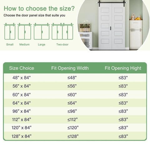 Image showing size options and fitting guidelines for the Ninety Six Inch By Eighty Four Inch Five Panel Folding Barn Door Kit.