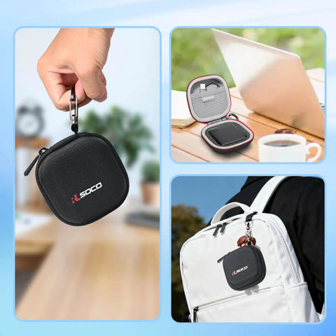 Durable EVA Hard Case for Western Digital Elements SE Portable SSD 1TB 2TB, shown hanging on a backpack and open on a table.