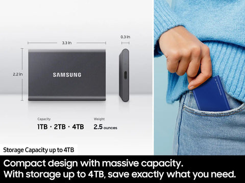 T7 Portable SSD 1TB External Solid State Drive With USB 3.2 Gen 2 fits in jeans pocket, showing compact design.