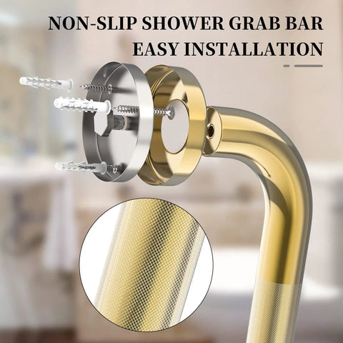 Close-up of Straight Up Heavy Duty Brushed Gold Grab Bar 32 Inch Shower Safety Handrail with knurled grip and installation detail.