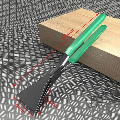 Pro Grade Metal Bending Pliers For Precision Sheet Metal Bending In Tight Spaces with green handles on checkered metal surface