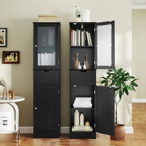 Zero Fuss Top Tier Heavy Duty Sixty Seven Inch Tall Bathroom Storage Cabinet Freestanding Linen Tower With Two Doors And One Drawer Five Tier Adjustable Shelves Slim Floor Organizer For Home Black displayed in a stylish living space.