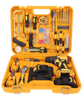 Heavy Duty Cordless Drill And Impact Driver Beast Offering Twenty One Volt Power With Forty Newton Meter Torque Three In One Multifunction Setup For Tough Fastening Easy Drilling And Weekend Garage Hustle Standard Us Plug Included in a yellow tool case with various tools.
