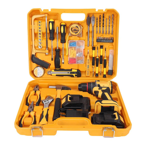 Heavy Duty Cordless Drill And Impact Driver Beast Offering Twenty One Volt Power With Forty Newton Meter Torque Three In One Multifunction Setup For Tough Fastening Easy Drilling And Weekend Garage Hustle Standard Us Plug Included in a yellow tool case with various tools.