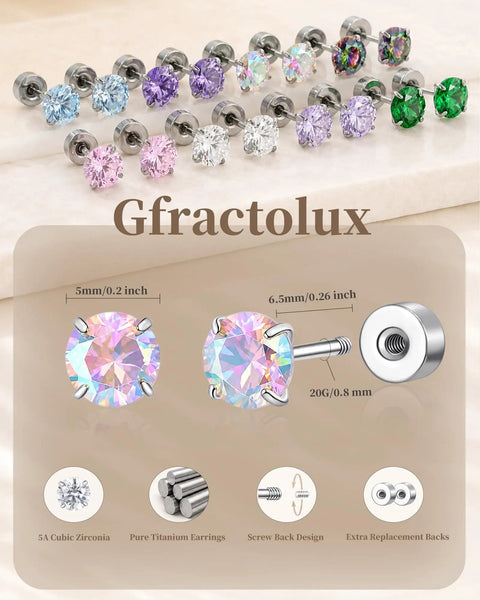 G23 Titanium 5 mm Cz Flatback Earrings Featuring Secure Screw Back 20 Gauge Posts Hypoallergenic Studs in various colors