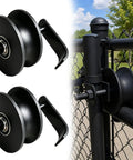 Top Shelf 5 Inch Nylon Sliding Gate Rollers For Rear Pipe Track Hardware Featuring Slick Rolling Wheels that Fit 1 5 Eighth Inch Chain Link Fence Frames In Classic Black.