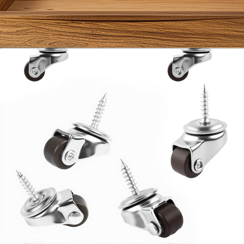 One Half Inch Small Caster Wheels Single Screw Mounting, mini low profile swivel castors shown on furniture and separately, 8 pack brown