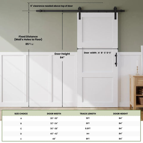 Dimensions and specifications of Knockout Farmhouse Style 32 By 84 Inch Sliding Barn Door With 6 Ft Smooth Operator Hardware Track.