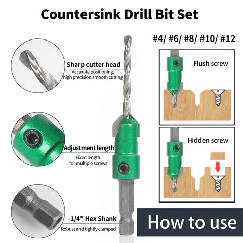 Pro Grade Countersink Drill Bit Set For Wood 5 Piece Includes Sizes 4, 6, 8, 10, 12 High Speed Steel Quick Change Hex Shank