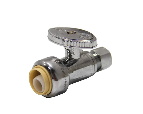 Pack Of 10 Push Fit 1/4 Turn Straight Shut Off Valve 1/2 Push X 3/8 Inch Compression Chrome Finish With Disconnect Clip visible.