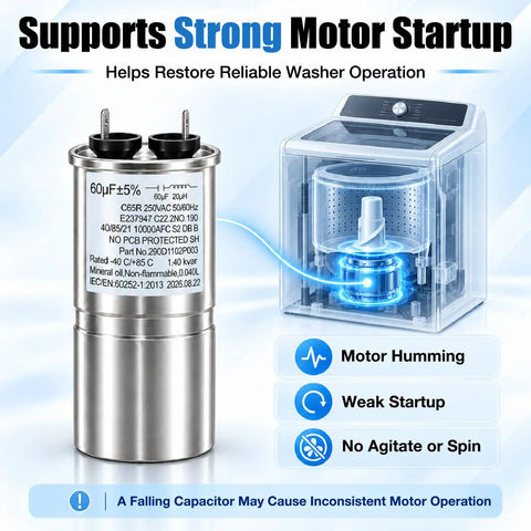 Top Shelf Washer Start Capacitor And Bracket Kit Compatible With GE And Hotpoint Models To Kick Your Motor Back In Gear For Silky Smooth Cycles Includes Solid Hardware Wh12x27614 Straight Shot, showing capacitor and washer motor.