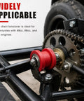 Heavy Duty Chain Roller Tensioner Idler Pulley Wheel Guide featuring tough ABS, red pulley on motorcycle chain setup for 49cc-80cc engines.
