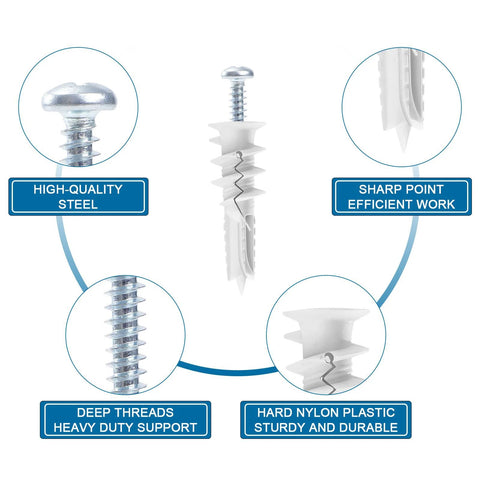 140 Piece Self Drilling Drywall Anchors And Screws Kit For Hanging Shelves Picture Frames Curtains No Pre Drilling Required Plastic Drywall Anchors With Galvanized Screws Built From Durable Nylon And Fiberglass For Strength And Longevity For Heavy showing components and materials.