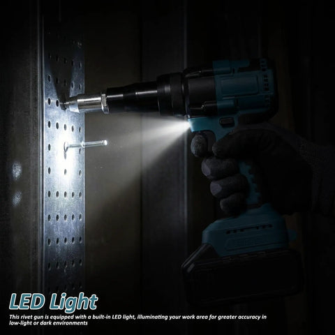 Badass Heavy Duty Cordless Pop Rivet Gun Workhorse With Smooth Pulling Action And Bright Led Light, Plays Nice With Makita 18V Batteries, LED light illuminating work area.