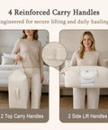 Badass Cotton Canvas Comforter Storage Bags Featuring A Safe Double Zipper And Solid Carrying Handles With A Clear View Window showing reinforced handles for easy lifting.