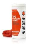 Bottle of 100 Screen Shine wipes with included microfiber cloth, designed for cleaning screens like LCD, OLED, and eyeglasses.