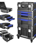 Five Tier Stackable Rolling Toolbox With Wheels And Drawers, Modular Tool Organizer For Garage And Home shown in separate modules